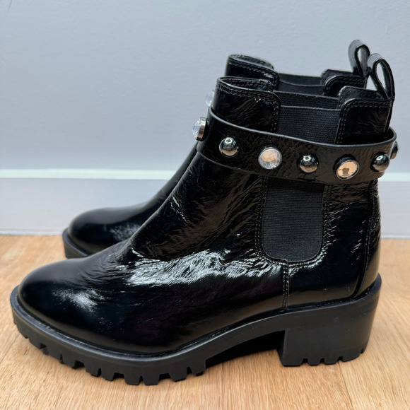 NEW Karl Lagerfeld Black Shiny Leather Porshay Lug Sole Studded Bootie Boot - Picture 3 of 9